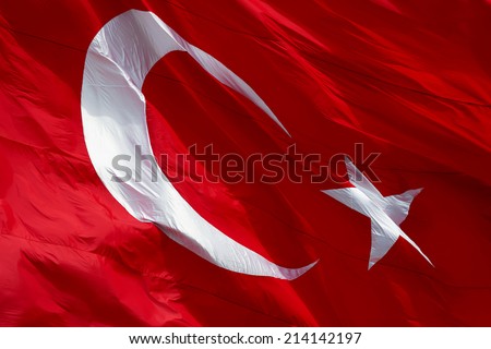 Flag of Turkey waving in the wind with highly detailed fabric texture