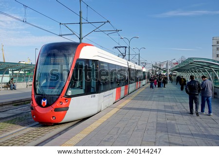 ISTANBUL - DECEMBER 20: A modern tram on Sirkeci on December 20, 2014 in Istanbul. Due to increasing traffic & air pollution, Istanbul became one of most polluted city also planned for return of tram.