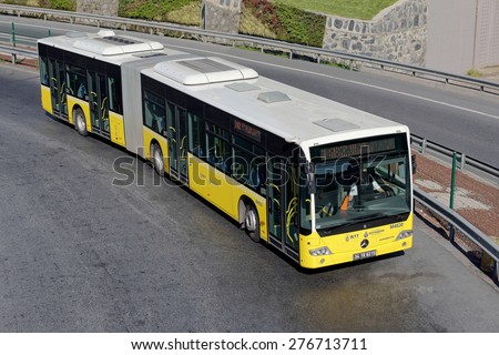 ISTANBUL, TURKEY - MAY 9: Metrobus, a part of public transportation system, eases the traffic in Istanbul on May 9, 2015 in Istanbul, Turkey.