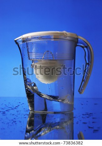 Water filter on blue background & mirror surface
