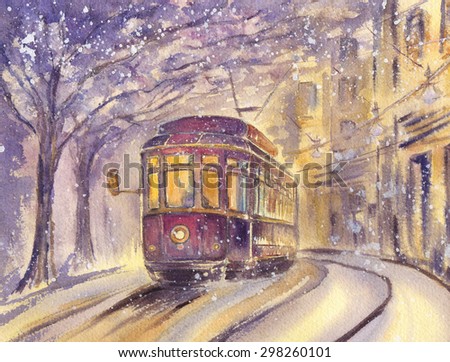 Hand drawn watercolor illustration of old tram running along a winter street