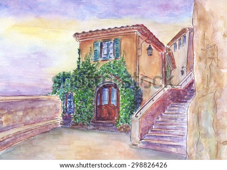 Hand drawn watercolor illustration of old cafe in the town Eze village, French Riviera