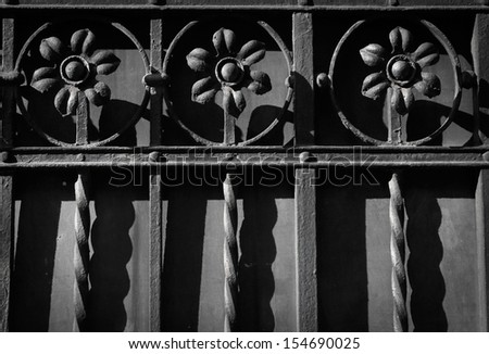 Black iron fence on black background with flower elements