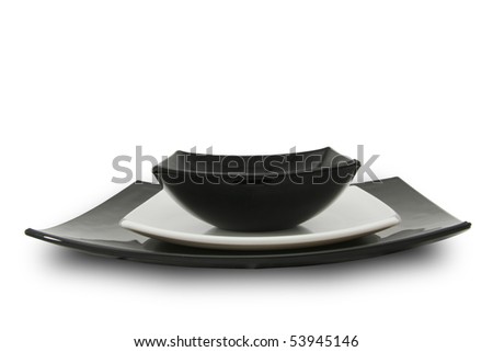 China dinner service. White and black empty plates.
