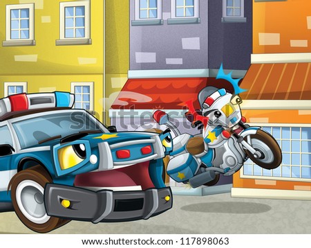 Two police friends on the street - keeping safe - guarding - talking - illustration for the children