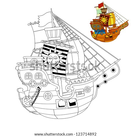 The Coloring Page - Pirate Ship - Illustration For The Children