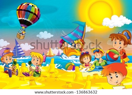 The kids playing at the beach diving building in sand ocean sea illustration for the children The kids playing at the beach diving building in sand ocean sea illustration for the children