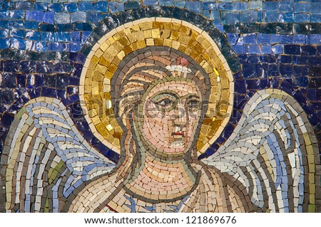 Mosaic: Angel. The mosaic is modern, made in byzantine style