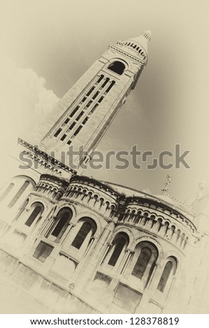 Basilica of the Sacred Heart of Paris in Montmartre  (SacrÃ?Â©-CÃ?Â?ur) . TONED AND AGED IMAGE.