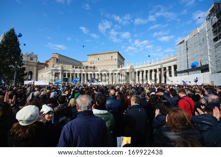 ROME, ITALY - JANUARY 1, 2014: People came to Rome to see Pope Francis. It is the 47 world day of peace; Pope Francis is at the window on January 1 Rome, 2014.