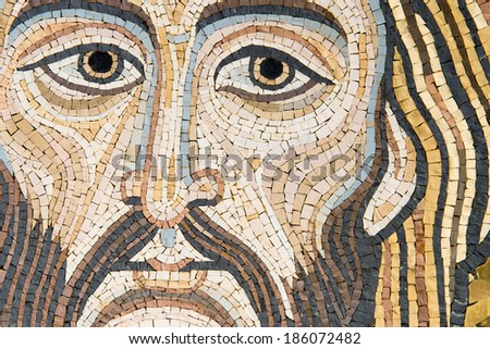 Mosaic of Jesus Christ. The mosaic is modern, made in byzantine style, by a Sicilian artist. It looks like the one present in Monreale\'s Cathedral or Cefalu\'s (Province of Palermo).