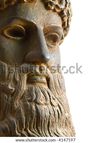 Ancient Greek god in alternative perspective view. A reproduction of an ancient Greek bronze Poseidon statue that dates to approximately 460 BC. Isolated on white.