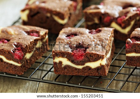 Cheesecake brownies with raspberry on a cooling rack close up