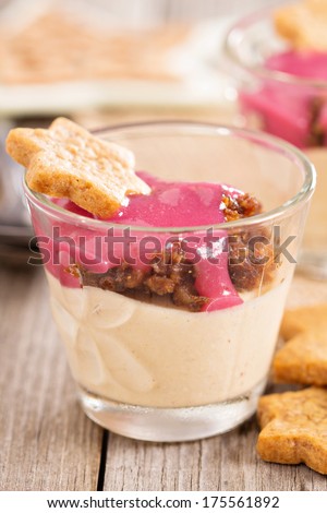 Winter dessert: Pumpkin parfait with spices on gingerbread with berry curd