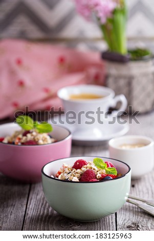 Berry dessert: raspberries, blueberries and strawberries with crumble topping