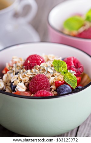 Berry dessert: raspberries, blueberries and strawberries with crumble topping