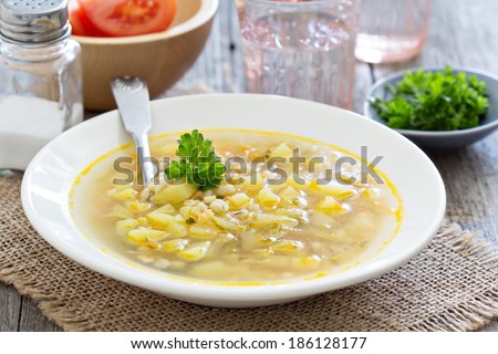 Rassolnik Soup with salted cucumbers and pearl barley