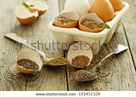 Chia seeds and flaxseed - egg replacers placed in egg shells