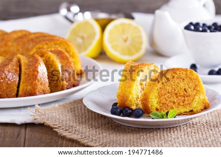 Lemon marble bundt cake served with blueberries