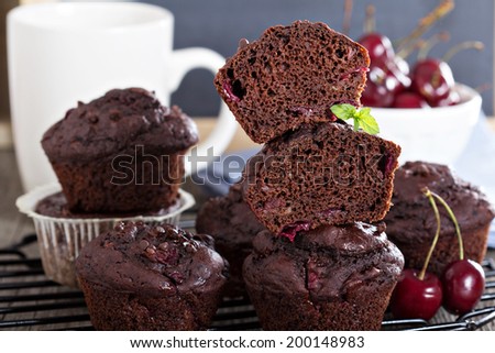 Chocolate muffins with cherry and chocolate drops