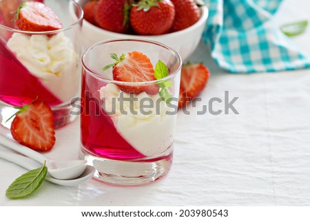 Dessert with strawberries, jelly and whipped cream