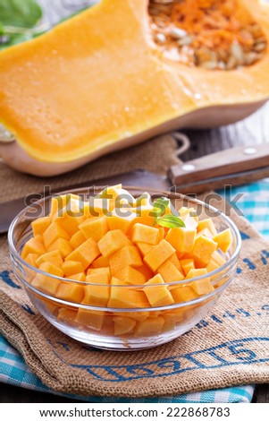 Diced butternut squash in a bowl ready for cooking