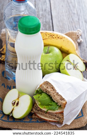 Lunch or breakfast to go including Healthy sandwich, yogurt, water and fruits