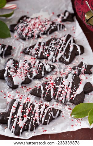 Chocolate cookies for Christmas with crushed candy cane