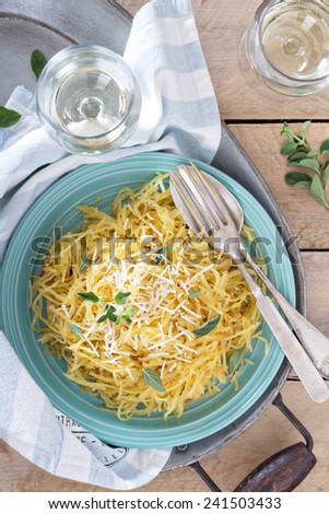 Spaghetti squash with herbs and parmesan top view