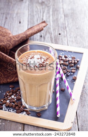 Coconut coffee chocolate smoothie on a chalk board
