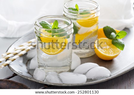Refreshing ice cold water with lemon and mint