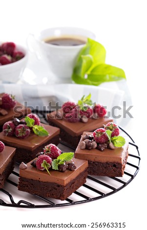 Chocolate mousse brownies with raspberry isolated on white