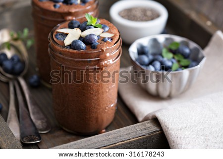 Healthy vegan chocolate chia pudding in jars
