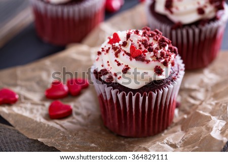 Red velvet cupcakes with decorations for Valentines day