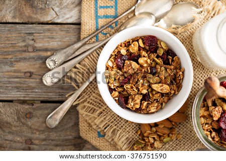 Homemade granola with milk for breakfast top view