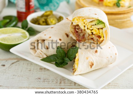 Breakfast burritos with eggs, bacon and potatoes