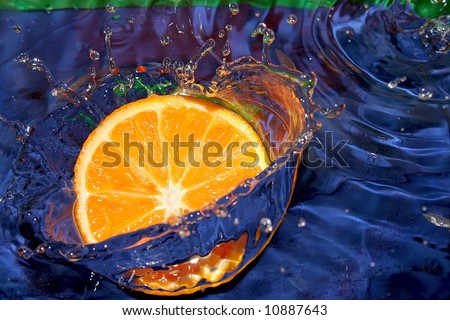 Splash with fresh lemon. Pure water. Blue background.