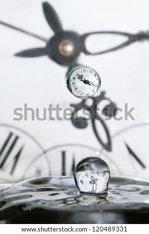 Surrealism. Drop of time. Play with water and clocks.