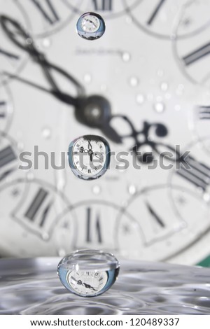 Surrealism. Drop of time. Play with water and clocks.
