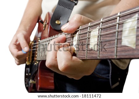 Musician playing guitar isolated on white
