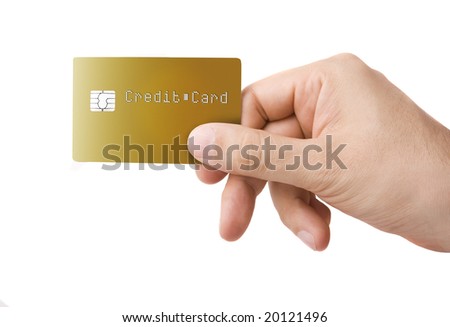Gold colored credit card in a male hand on white
