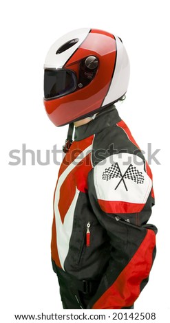 Motor biker with helmet isolated on white background