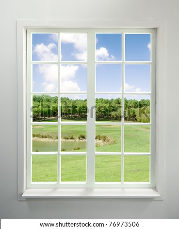 Modern residential window with lake view (includes clipping path)
