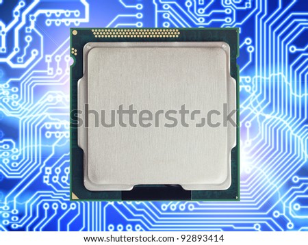 CPU on blue circuit background with flares