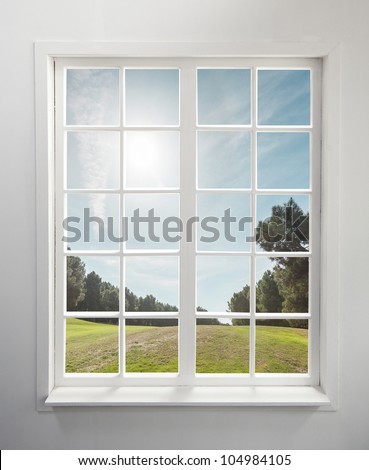 Modern residential window and trees and sky behind