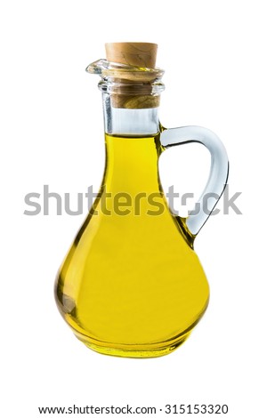 Olive oil in a bottle on white