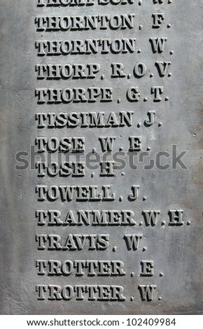 List of names on old military war memorial from World War I.