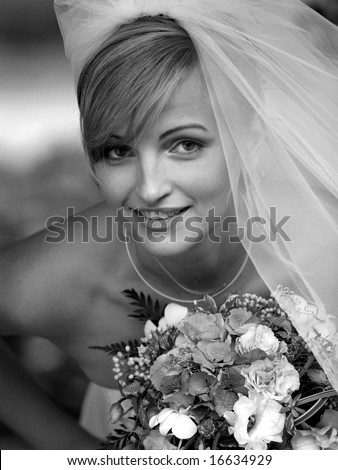 Portrait of beautiful bride in traditional wedding dress and veil.