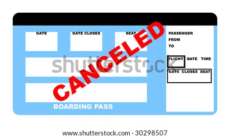 Illustration of blank canceled airline boarding pass ticket, isolated on white background.