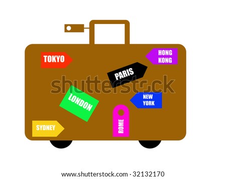 Brown luggage with world destination labels, isolated on white background.